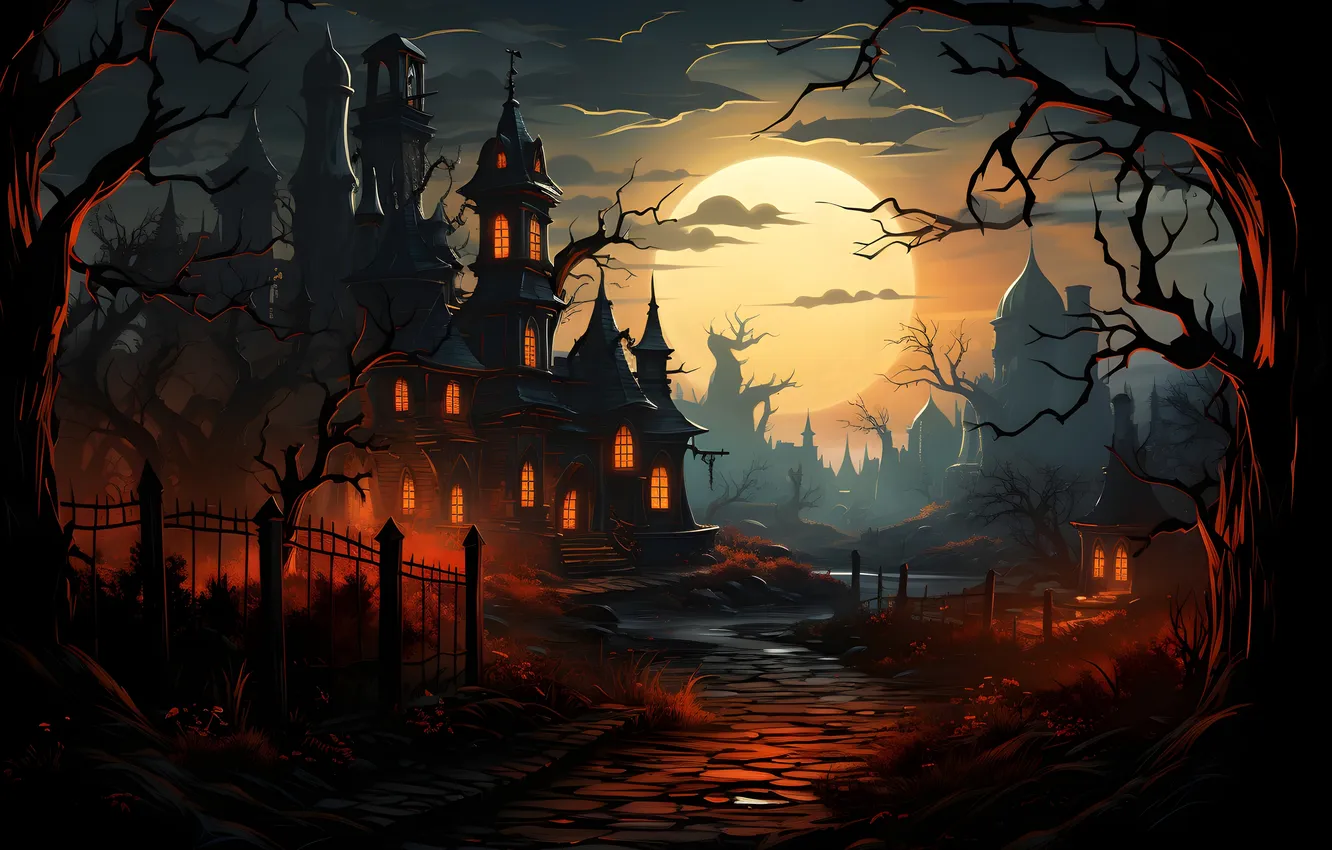 Photo wallpaper road, clouds, trees, night, lights, the moon, home, Halloween