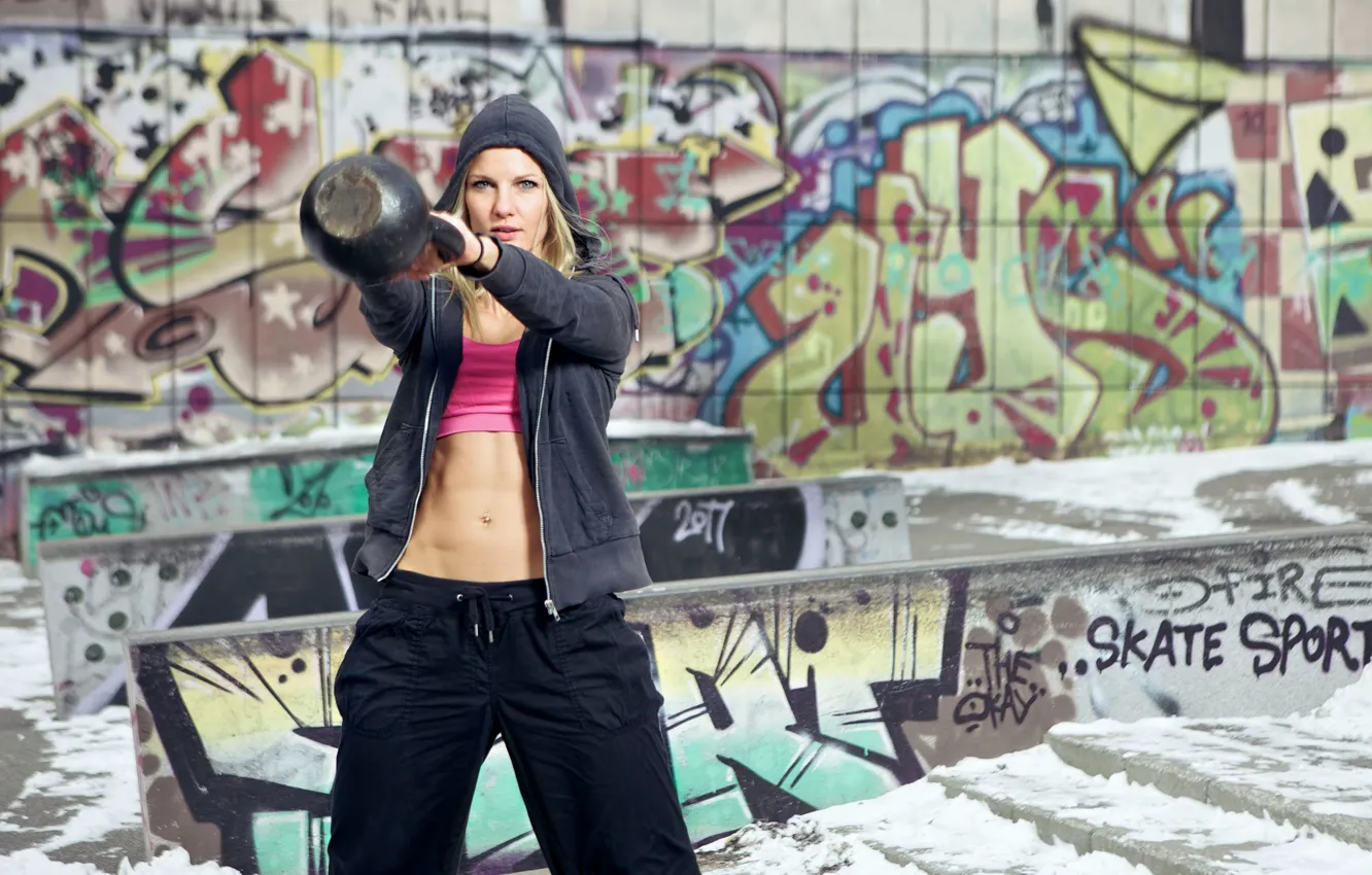 Photo wallpaper street, graffiti, sport, piercing, jacket, hood, Muscle, stage