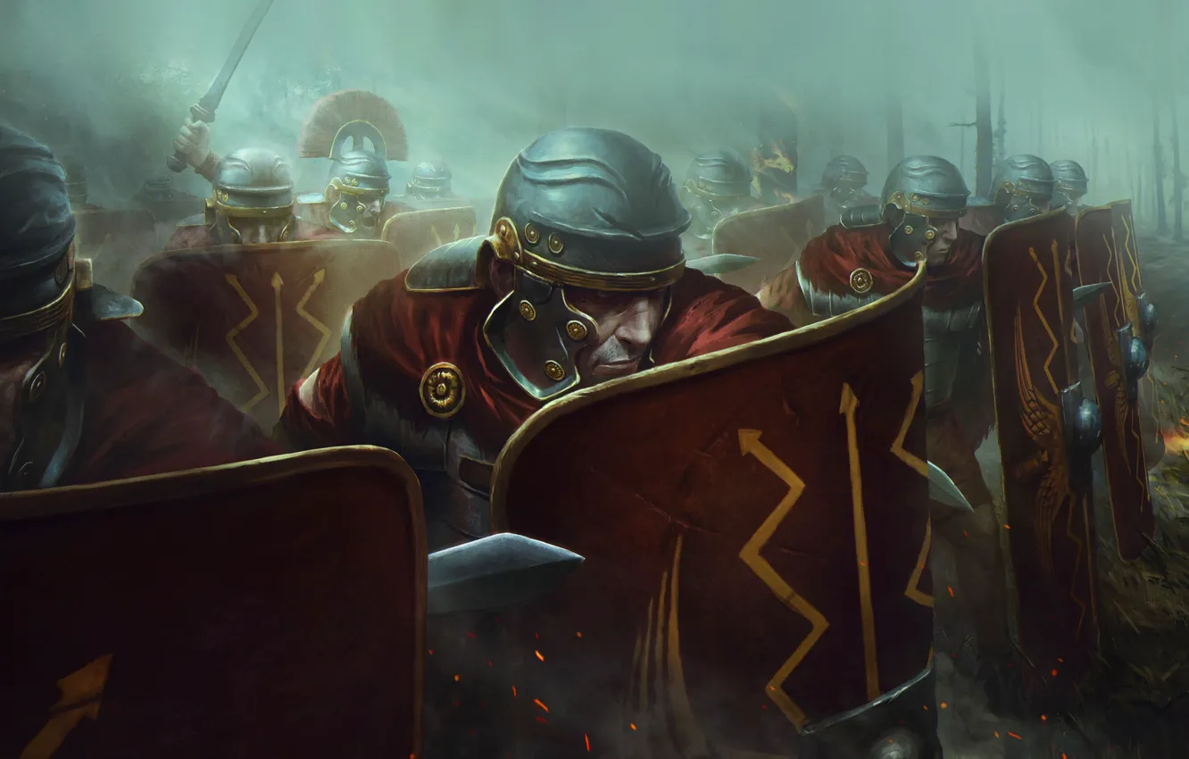 Photo wallpaper forest, sword, battle, warrior, soldiers, Rome, sword, shield