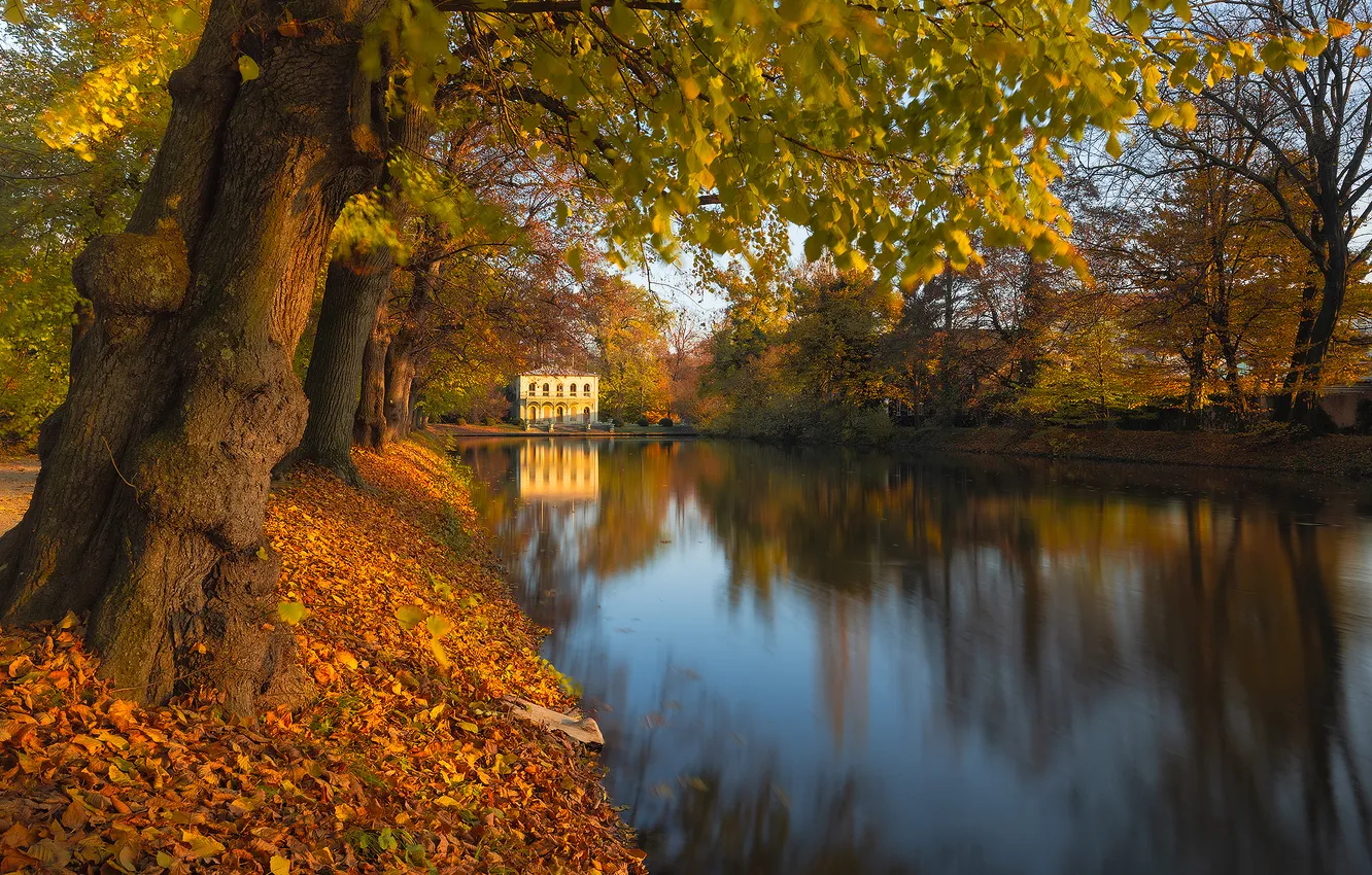 Photo wallpaper autumn, trees, house, pond, Park, reflection, the building