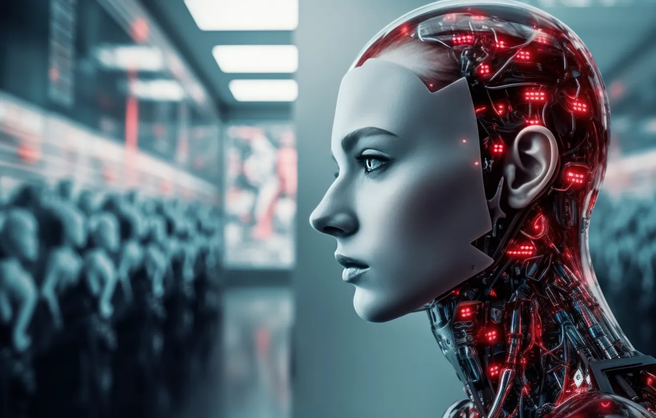 Photo wallpaper girl, face, wire, robot, scheme, head, profile, cyborg