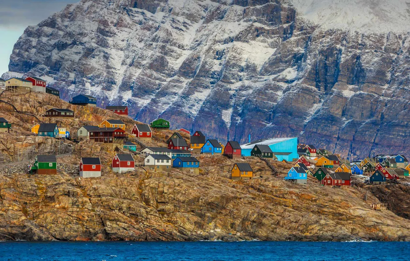 Photo wallpaper sea, mountains, rock, home, Greenland, Umanak