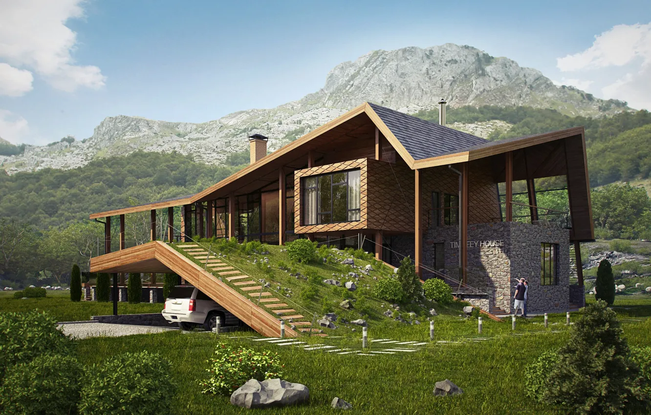 Photo wallpaper mountains, stones, car, structure, VILLA IN MONTENEGRO