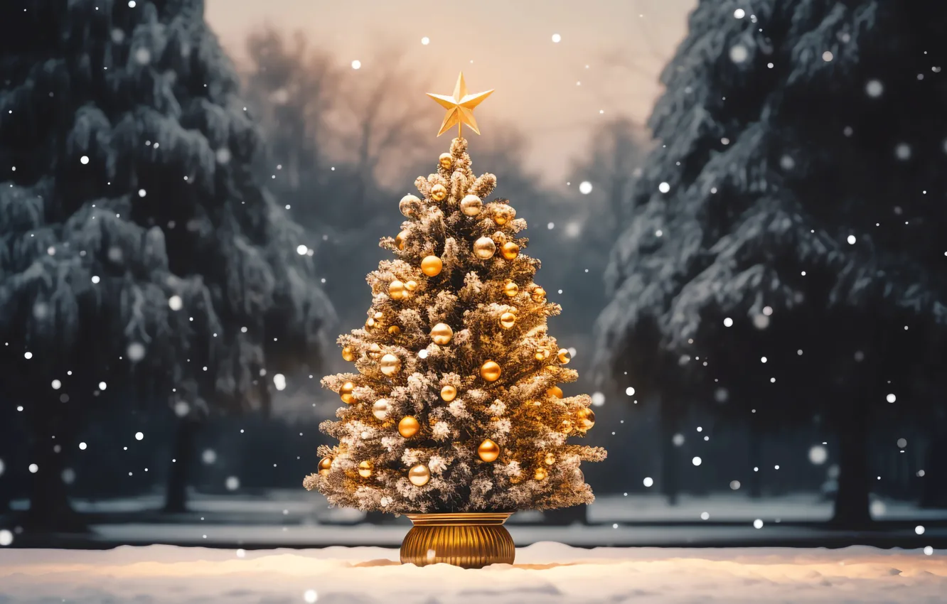Photo wallpaper winter, snow, decoration, background, balls, tree, New Year, Christmas
