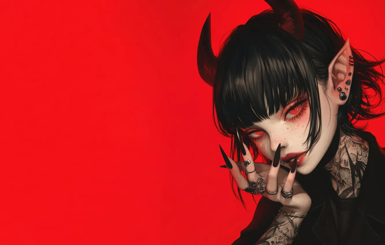 Photo wallpaper demon, girl, devil, anime, red eyes, tattoo, women, red background