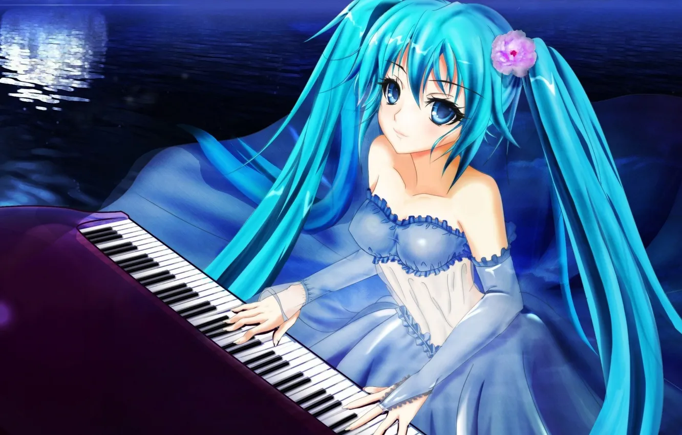 Photo wallpaper water, night, the moon, anime, piano, art, vocaloid, hatsune miku