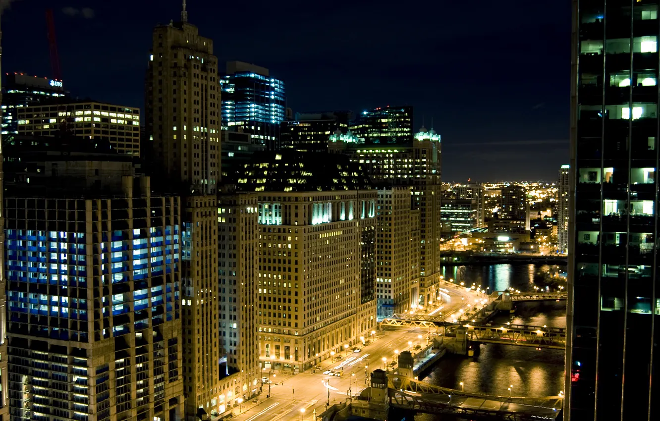 Photo wallpaper night, lights, skyscrapers, Chicago, Chicago