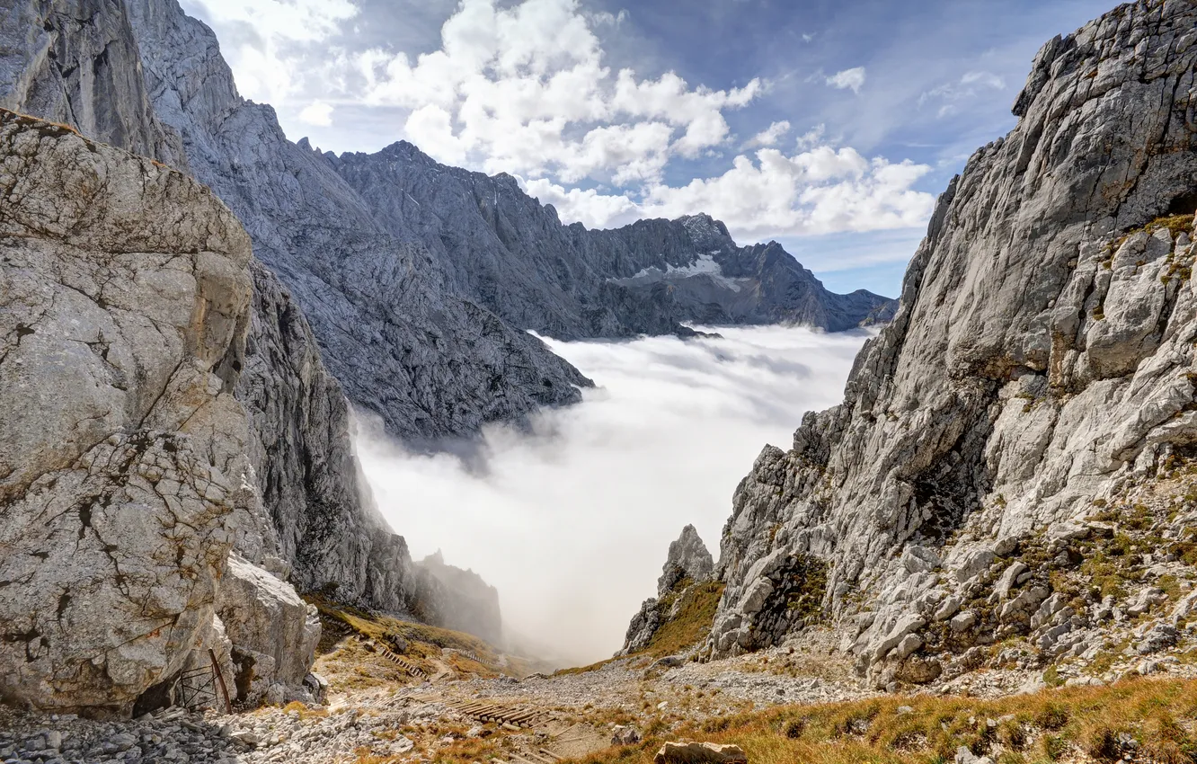 Photo wallpaper clouds, mountains, stones, rocks, Bayern, Alps, path, Zugspitze