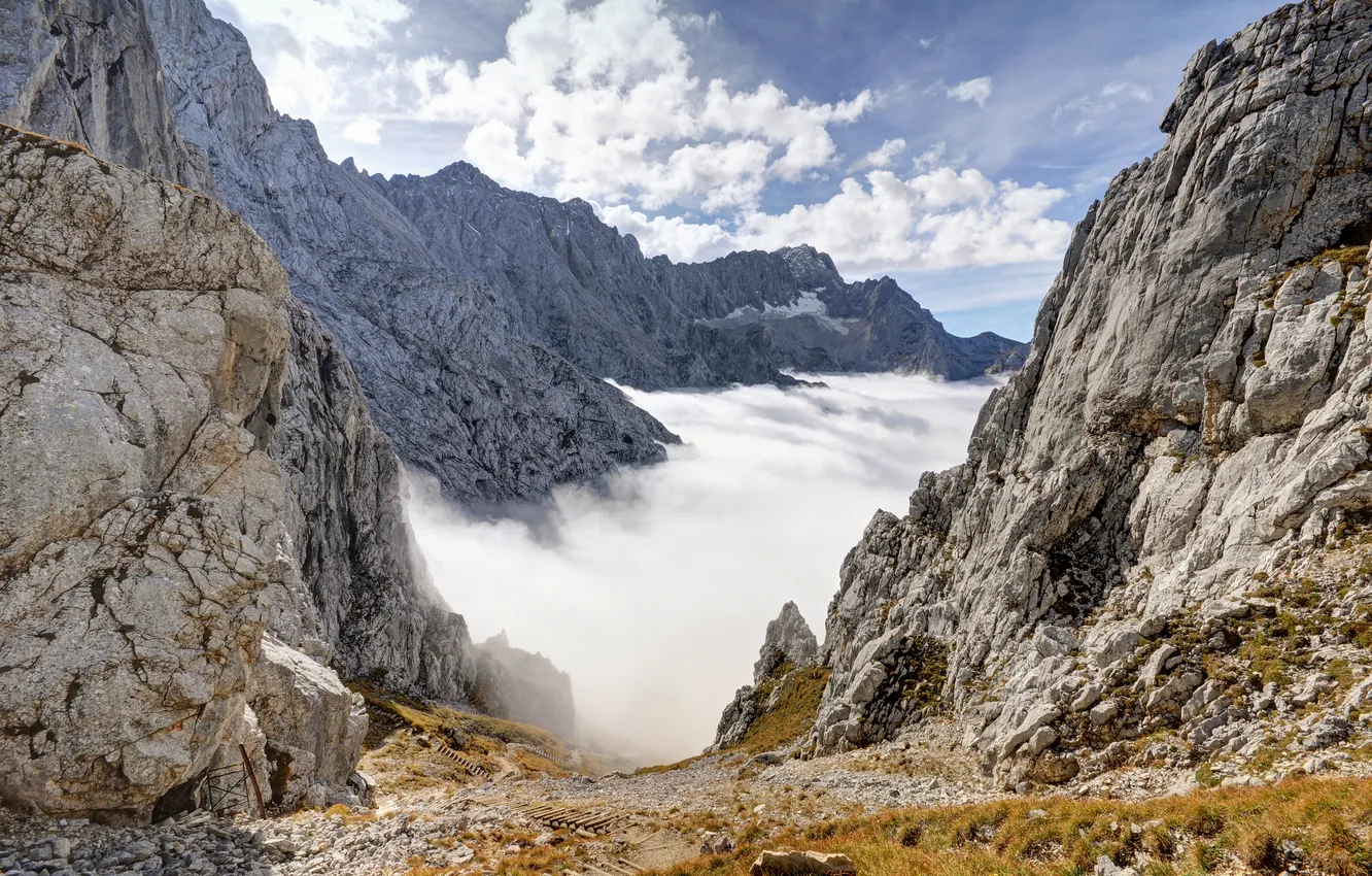 Photo wallpaper clouds, stones, rocks, mountain, Bayern, Alps, path, Zugspitze