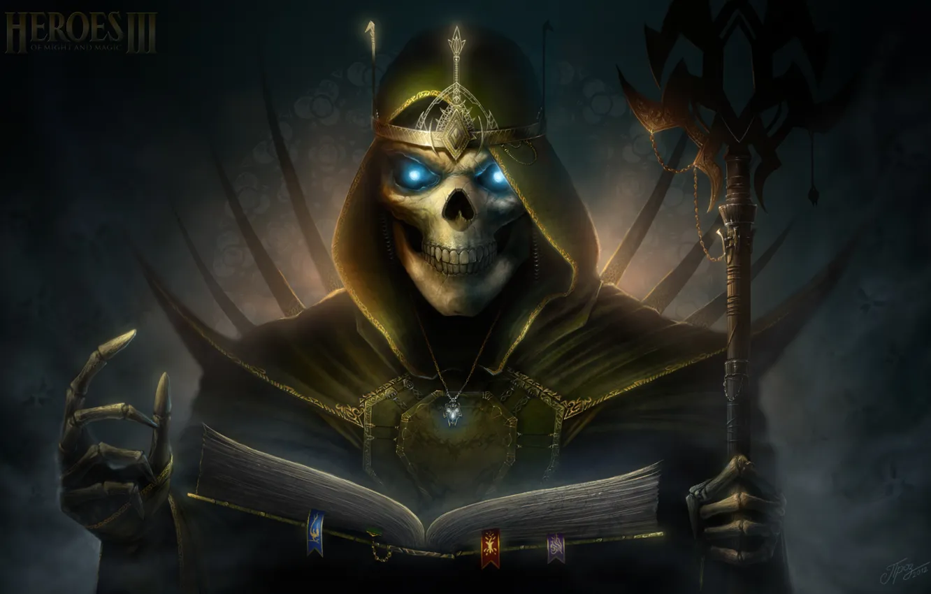 Photo wallpaper skull, skeleton, sake, fantasy, magic, crown, game wallpapers, wizard