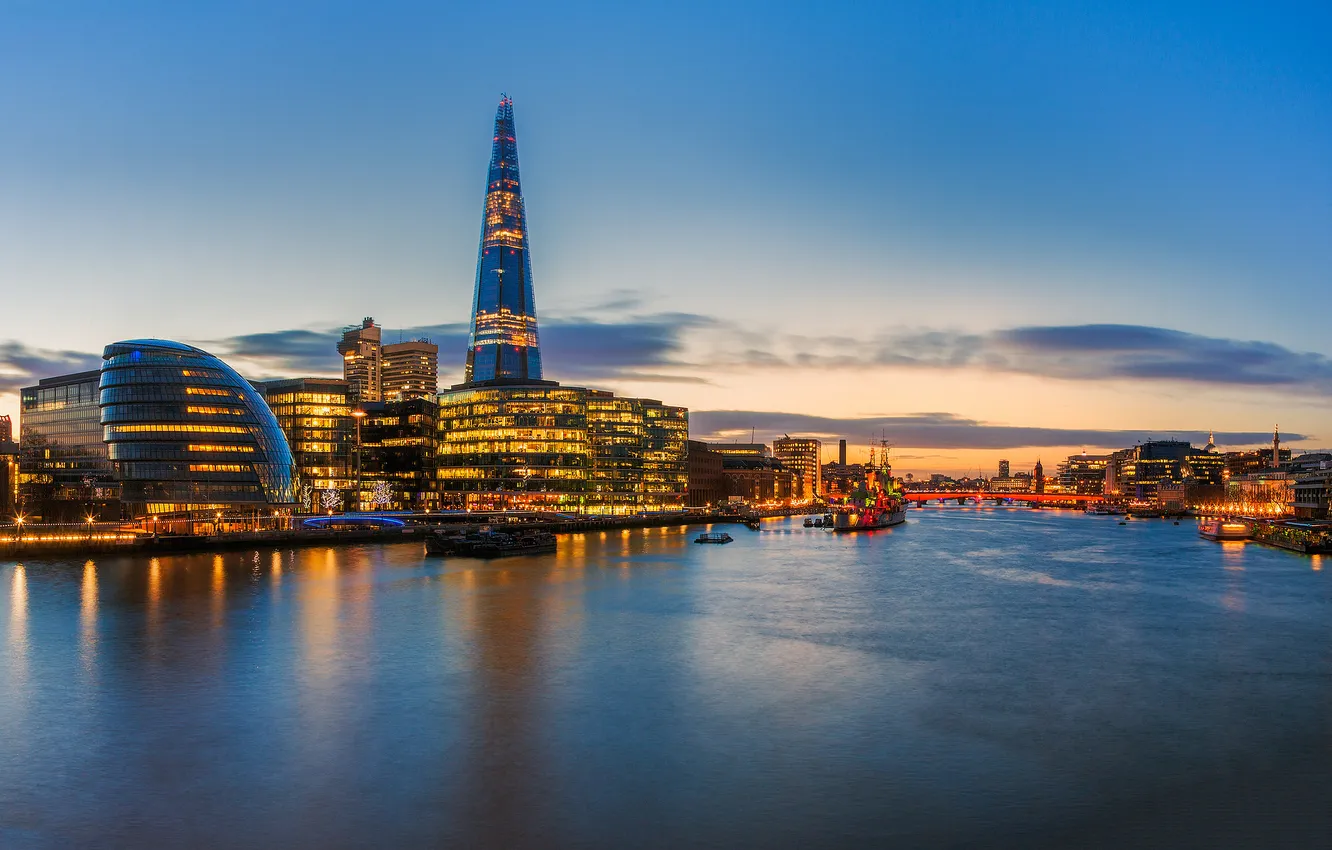 Photo wallpaper bridge, the city, river, England, London, building, skyscrapers, the evening