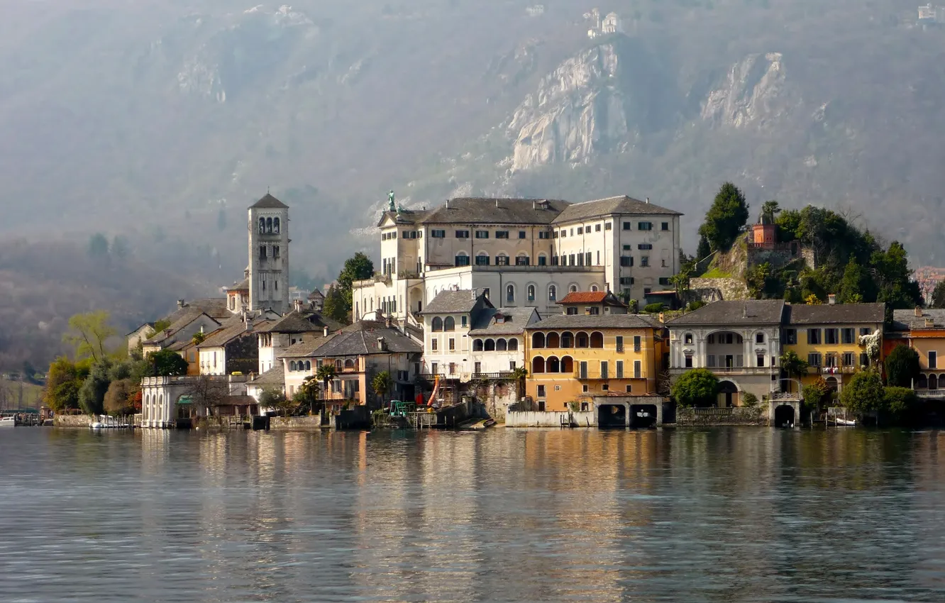Photo wallpaper mountains, island, home, Italy, municipality, lake Orta, Orta San Giulio, Pimont
