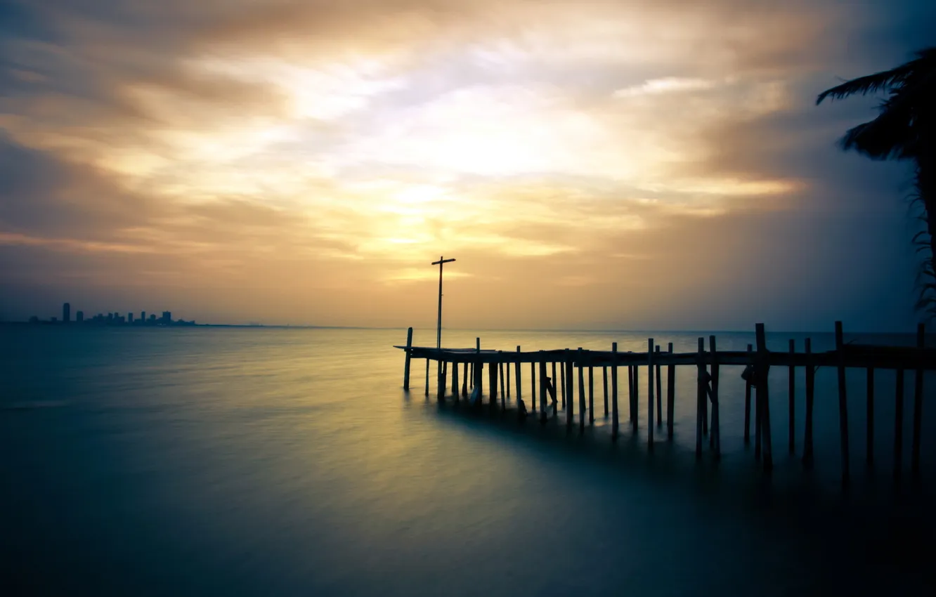 Photo wallpaper sea, landscape, sunset, bridge