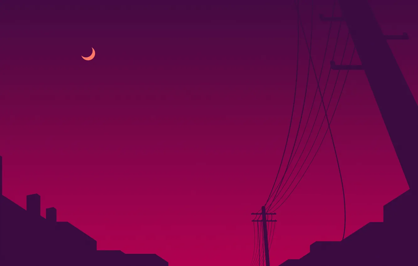 Photo wallpaper purple, night, the city, lilac, pink, the moon, posts, wire