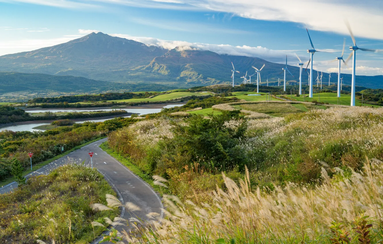 Photo wallpaper Nature, Road, Mountains, Japan, The wind, Windmills, Landscape