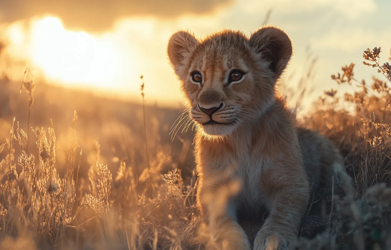 Photo wallpaper field, look, the sun, Leo, face, lion, AI art, neural network
