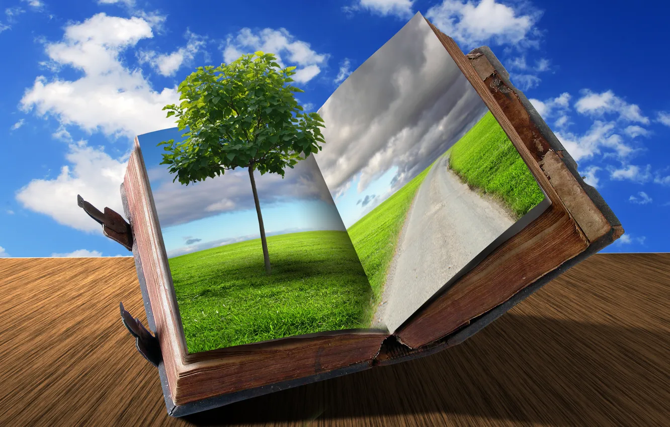 Photo wallpaper road, grass, clouds, creative, tree, book