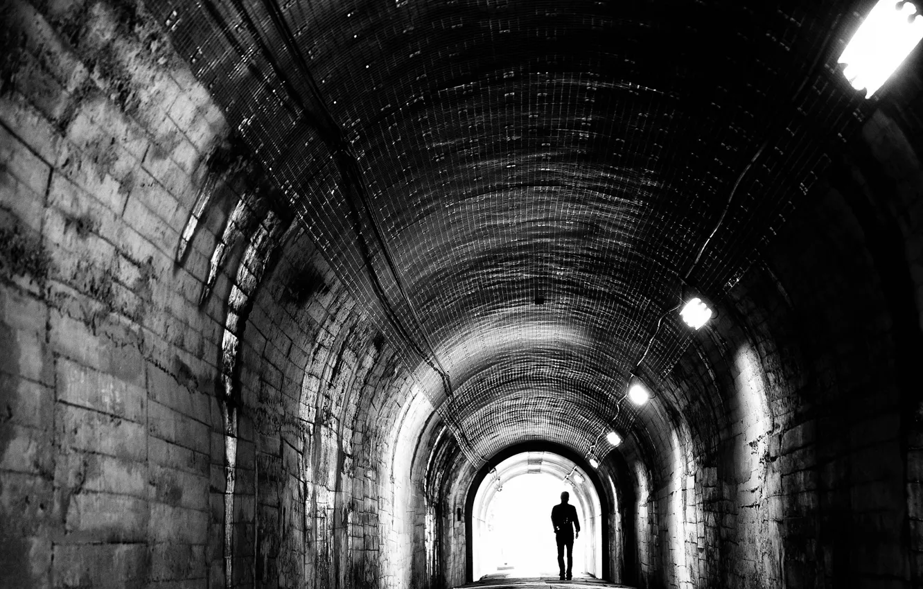 Photo wallpaper the tunnel, black and white, male, depression, monochrome, Melancholy