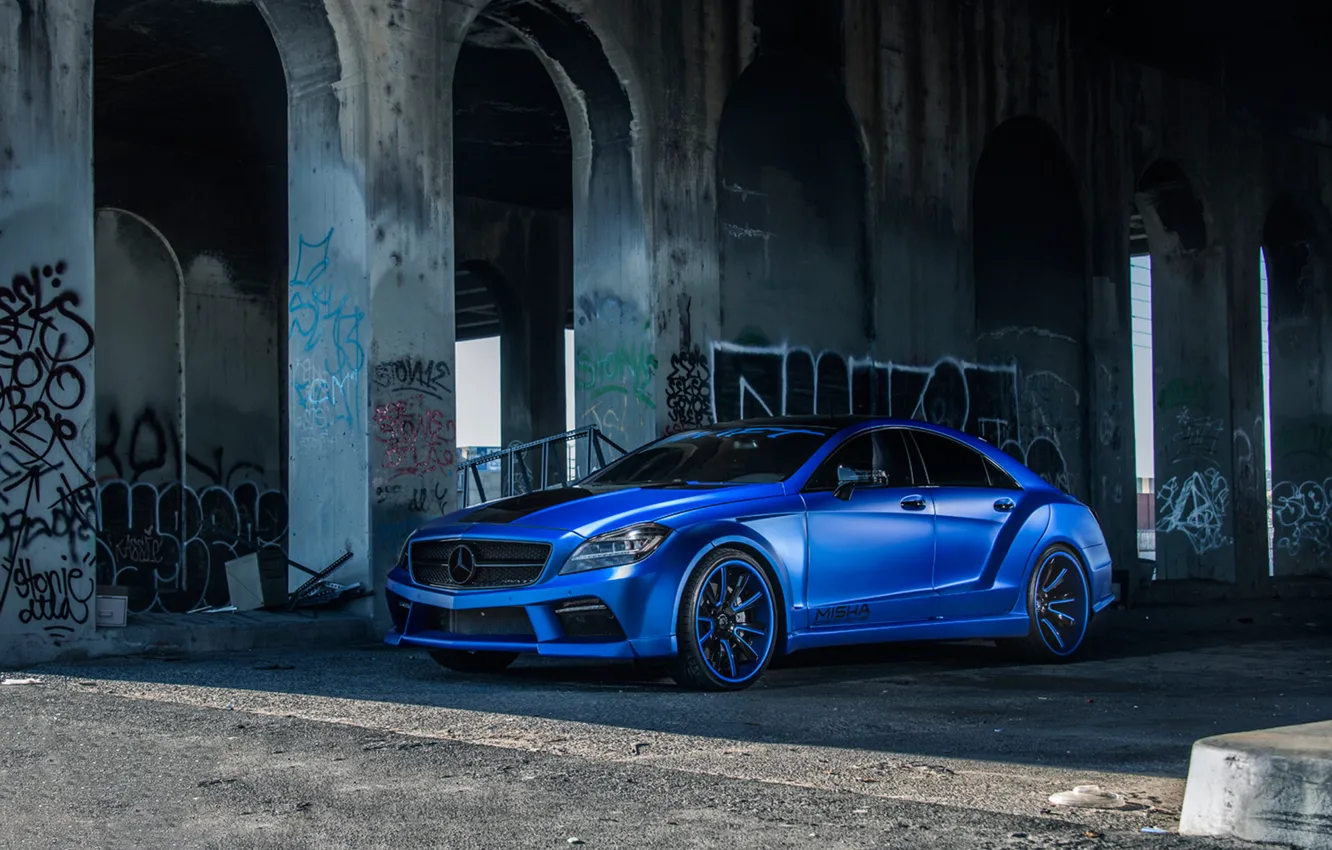 Photo wallpaper Mercedes Benz, blue, CLS550, side front