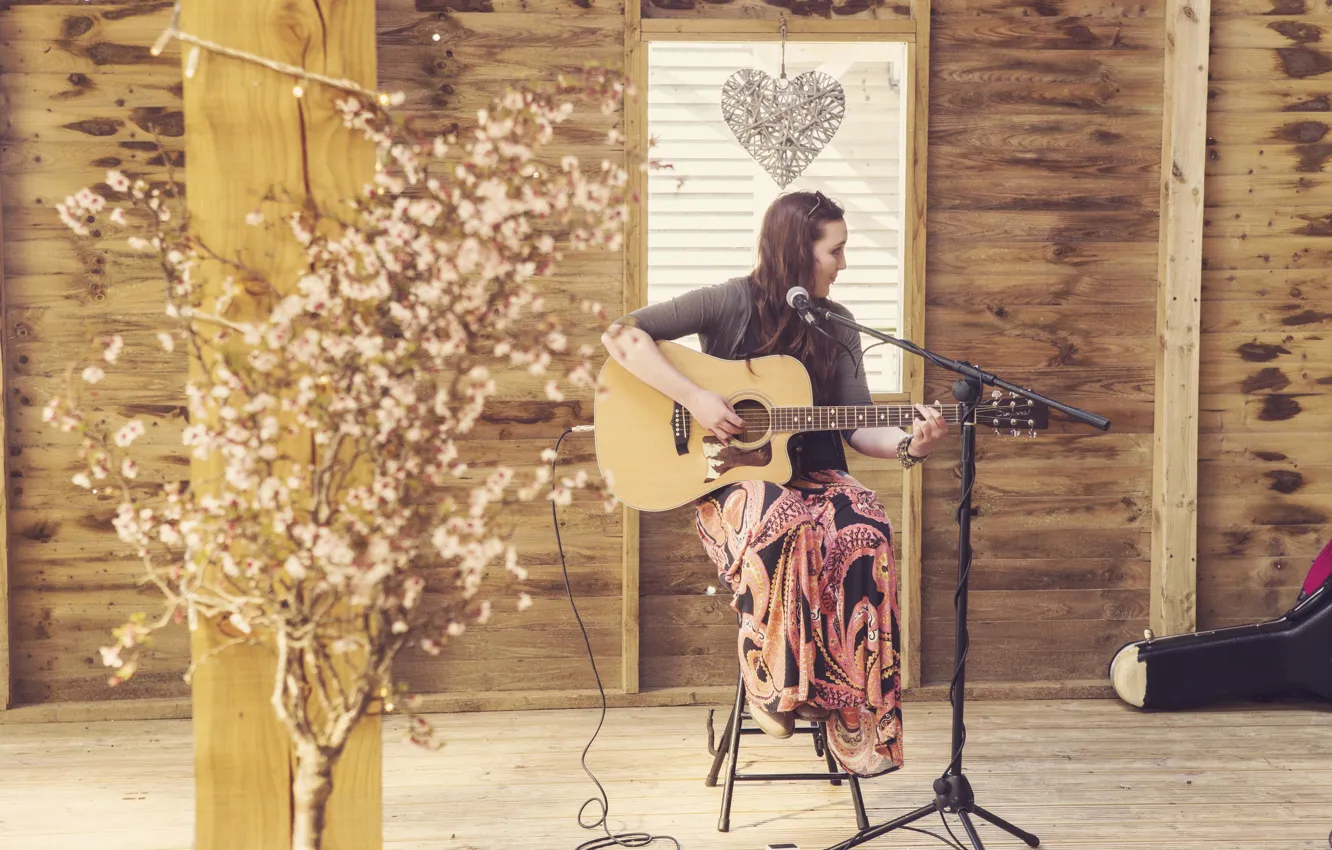Photo wallpaper music, guitar, heart, wood, flowers, microphone, window, singer