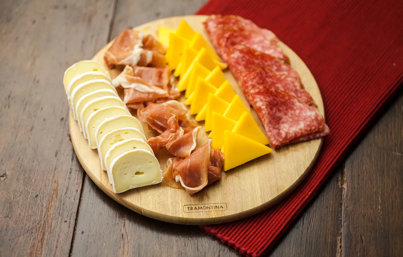 Photo wallpaper Board, cheese, meat, sausage, cutting