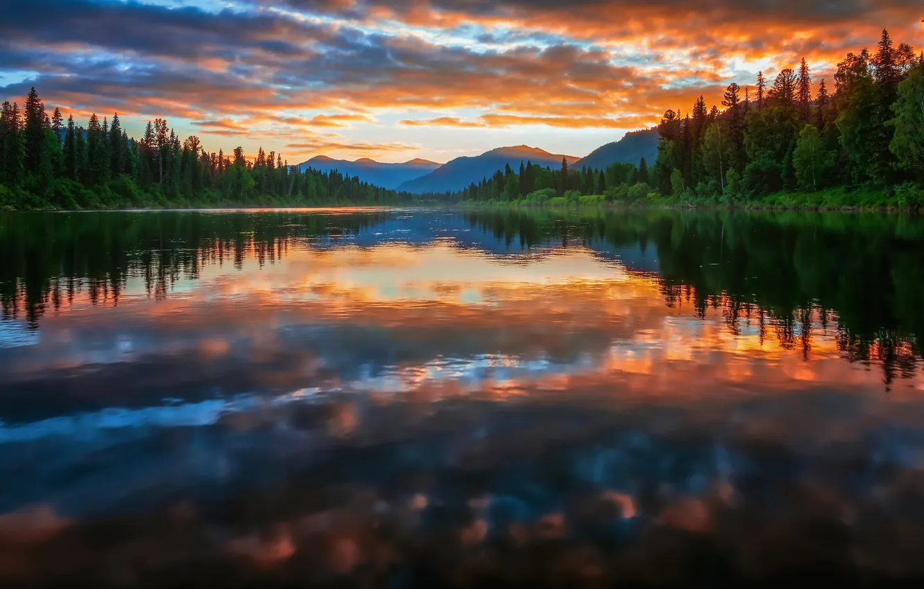 Photo wallpaper the sky, trees, glare, river, the evening, space, the reflection in the water, charm