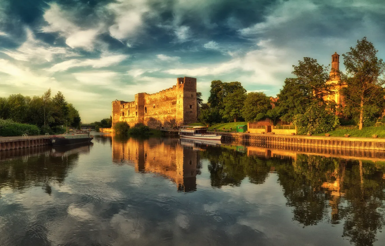 Photo wallpaper trees, reflection, river, castle, England, Newark-on-Trent