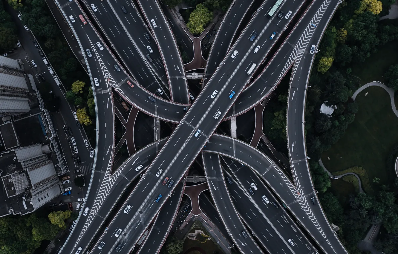 Photo wallpaper road, roads, landscapes, streets, tangled, height, aerial view, road junction
