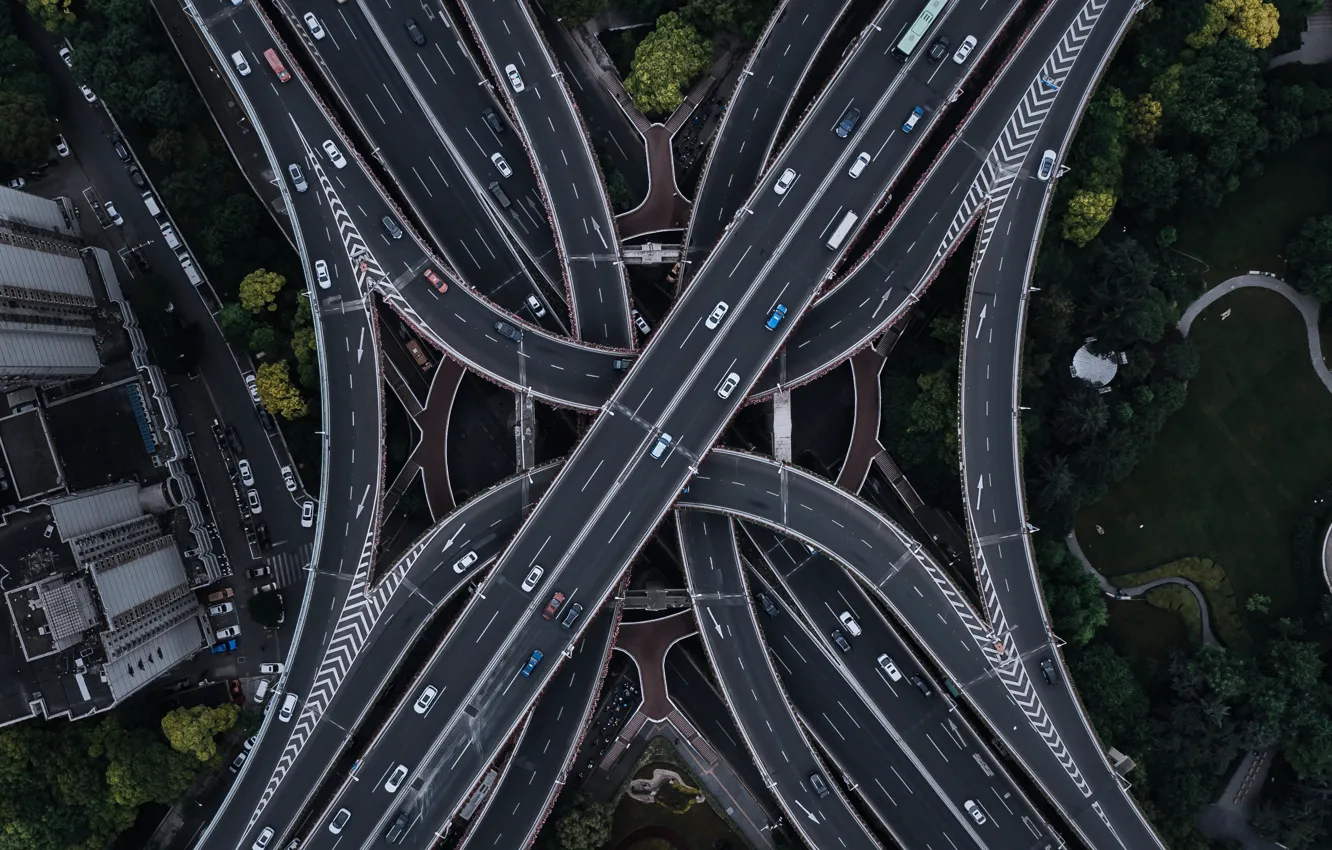 Photo wallpaper road, roads, landscapes, Tangled, streets, height, aerial view, road junction