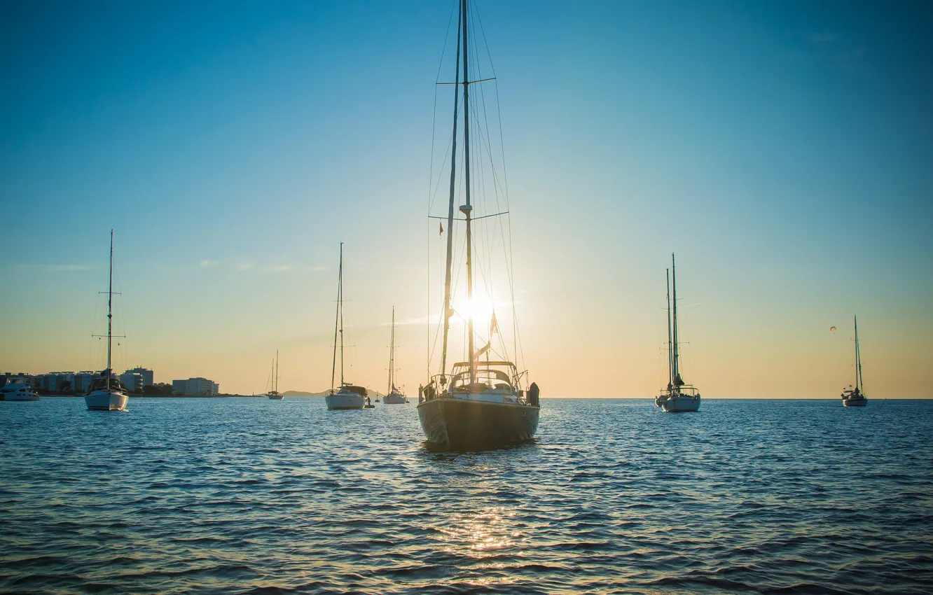 Photo wallpaper sea, Bay, yachts, morning, Ibiza, Sail escort