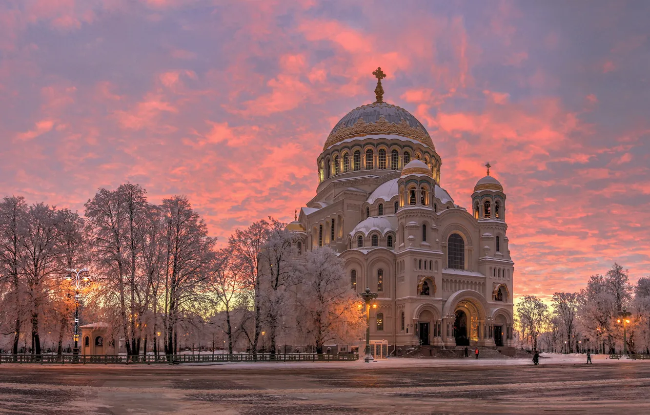 Photo wallpaper winter, trees, dawn, morning, temple, Russia, Naval Cathedral of St. Nicholas, Kronstadt