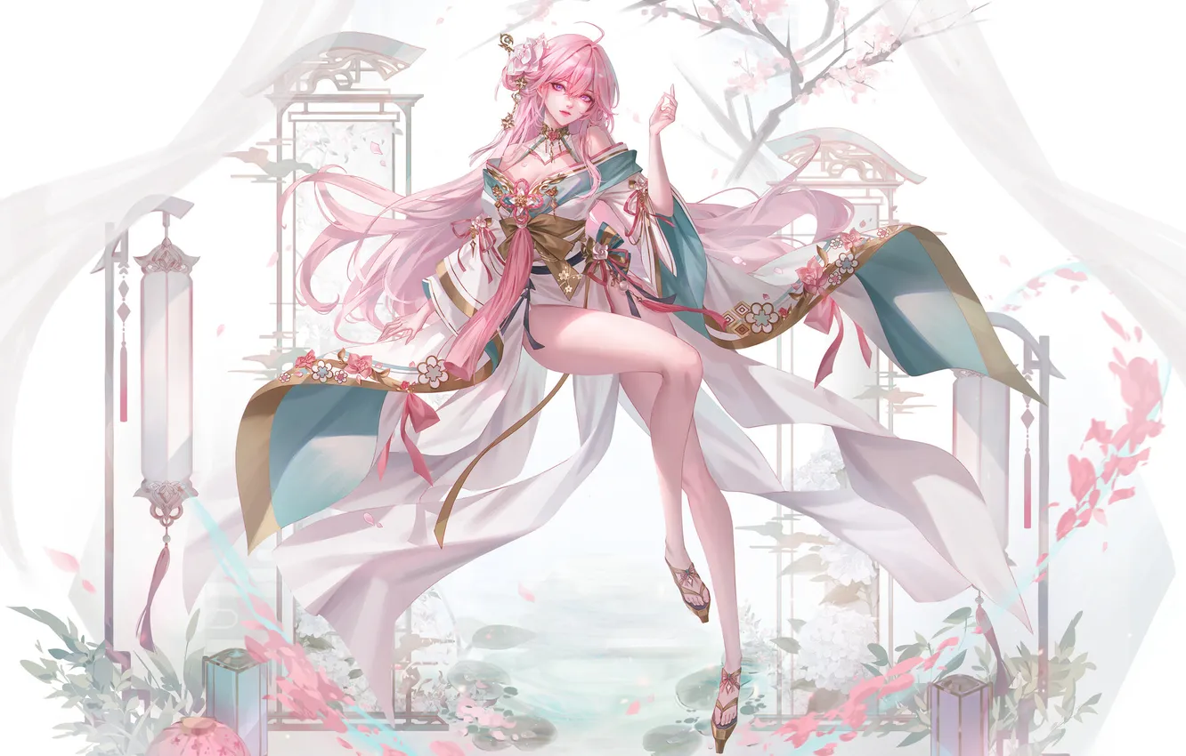 Photo wallpaper Shumolly, bare shoulders, looking at viewer, pink hair, anime girls, dress, legs, long hair