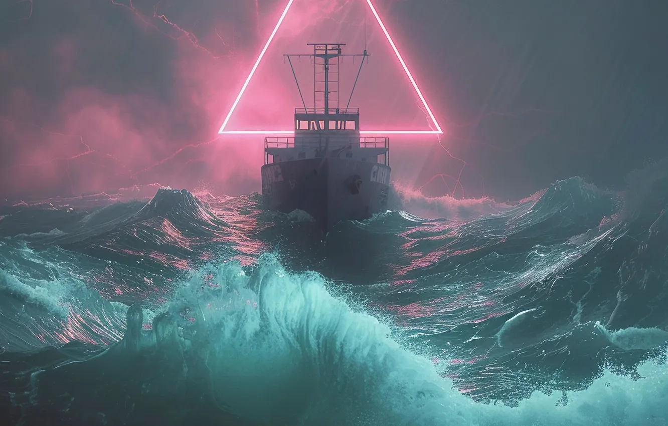 Photo wallpaper Sea, Wave, Lightning, Ship, Rain, Storm, The portal, Digital art