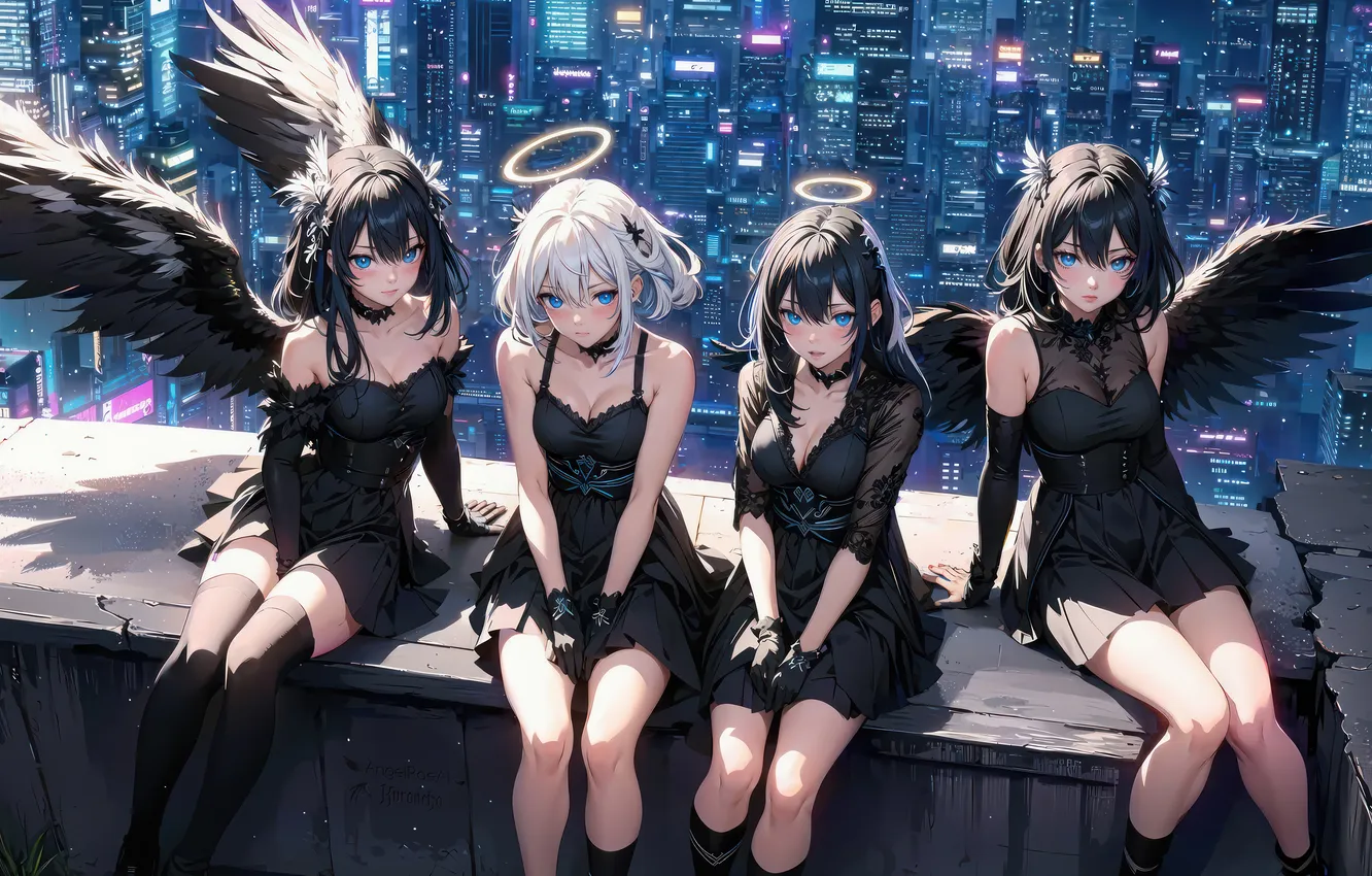 Photo wallpaper city, the city, skyscrapers, anime, beauty, halo, anime, angels