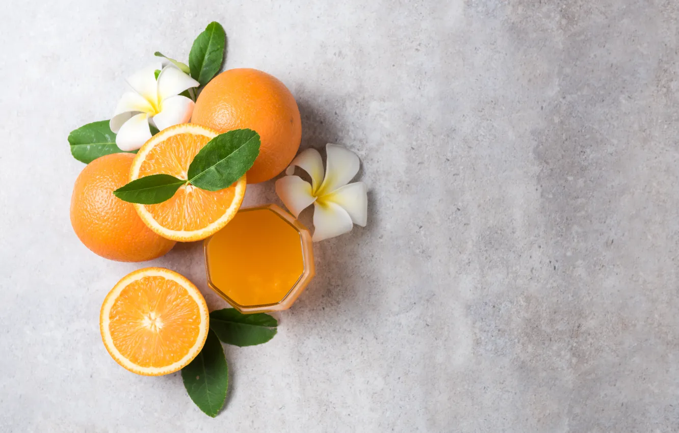 Photo wallpaper orange, juice, citrus, plumeria