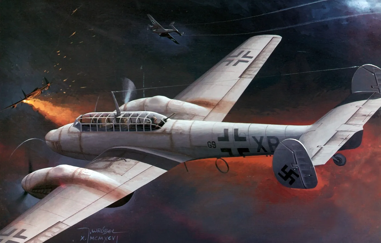Photo wallpaper the sky, night, lights, fire, war, fighter, drop, art