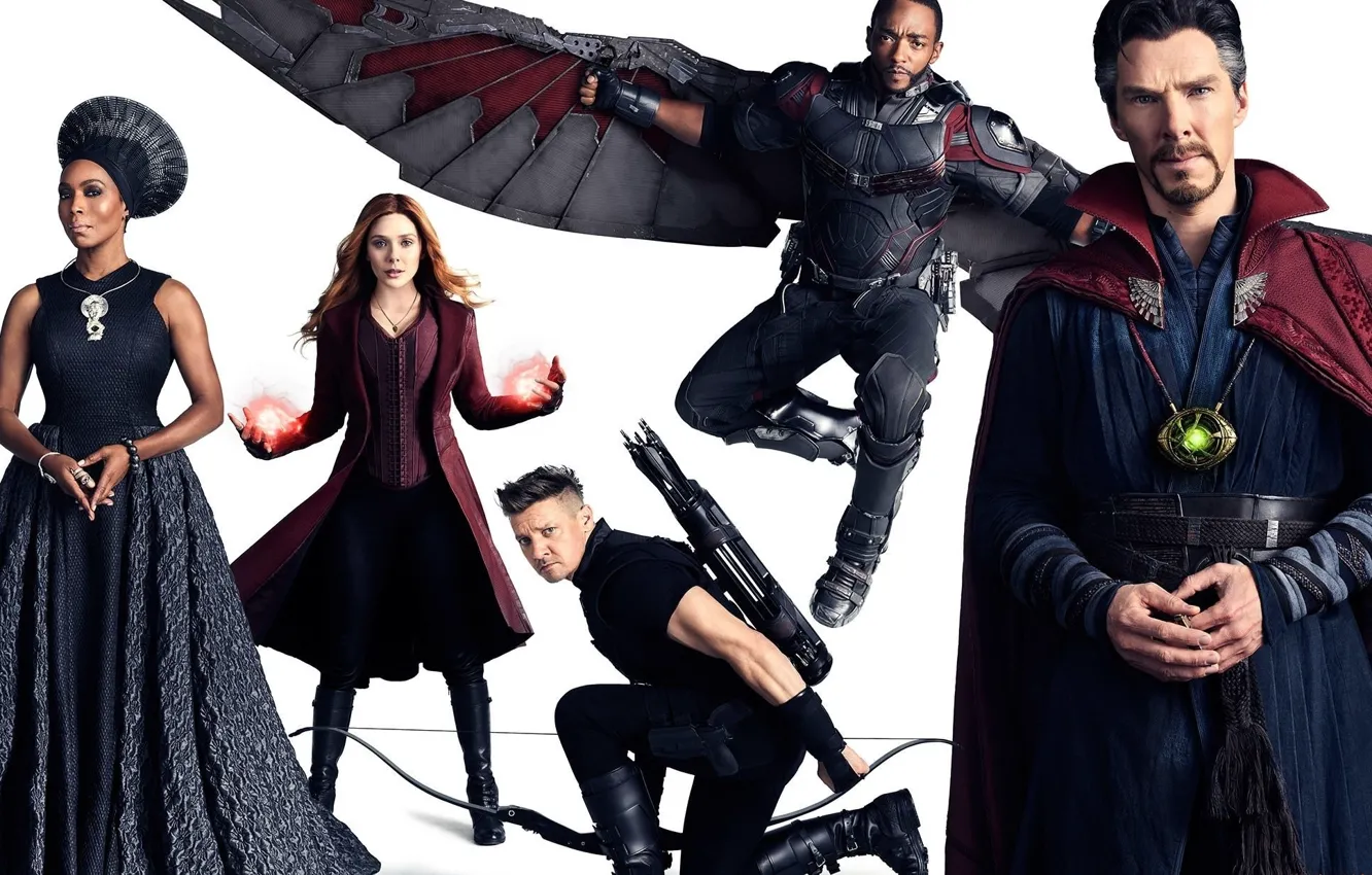 Photo wallpaper the film, bow, white background, characters, 2018, Sokoliny Eyes, Doctor Strange, Avengers: Infinity War