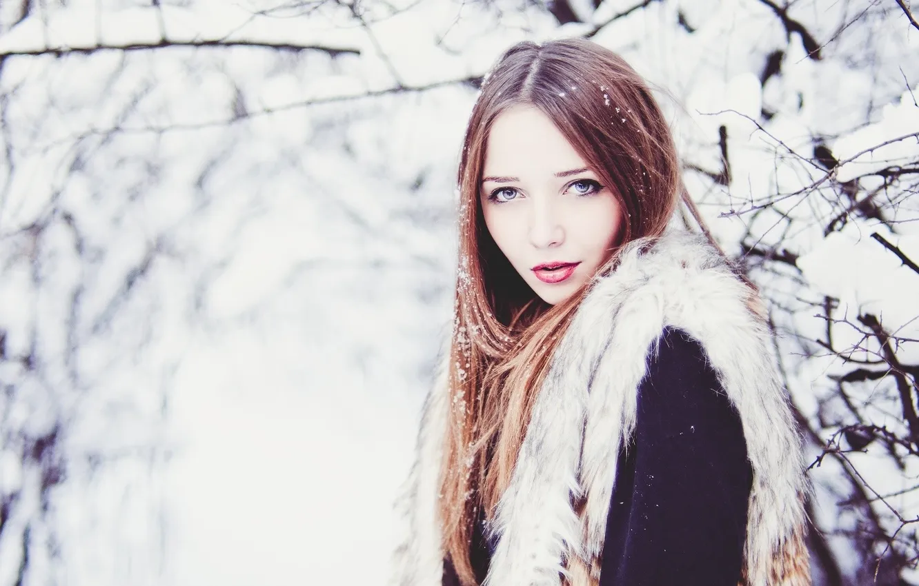 Photo wallpaper girl, snow, trees, branches, nature, makeup