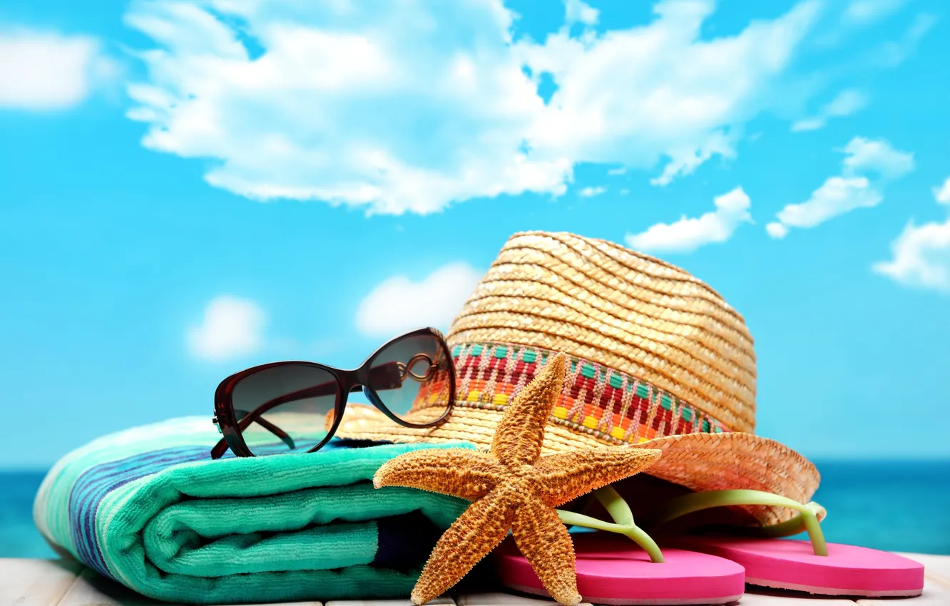 Photo wallpaper summer, beach, hat, sun, blue sky, glasses, vacation, starfish