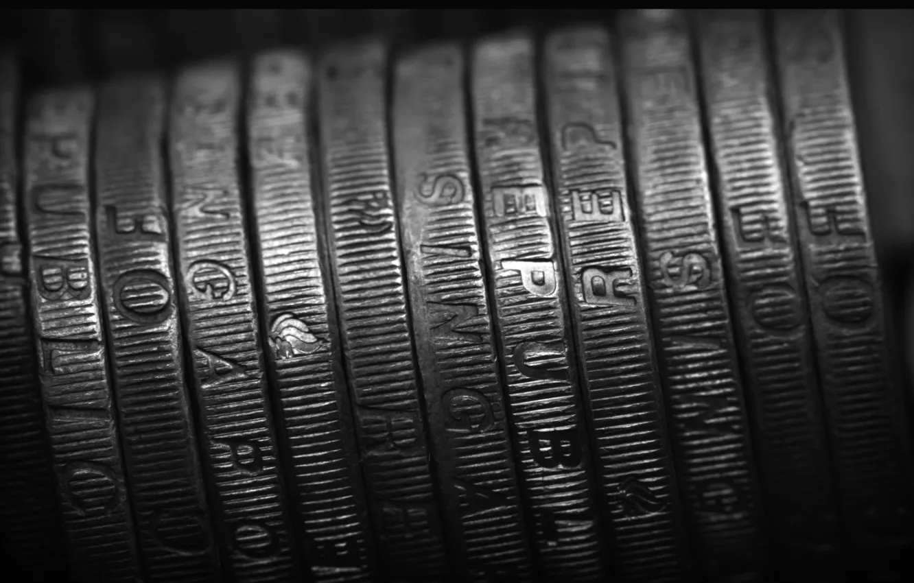 Photo wallpaper metal, black and white, coins