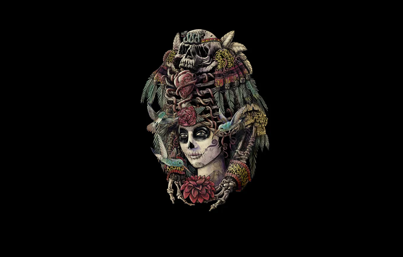 Photo wallpaper girl, birds, style, skull, skeleton, day of the dead