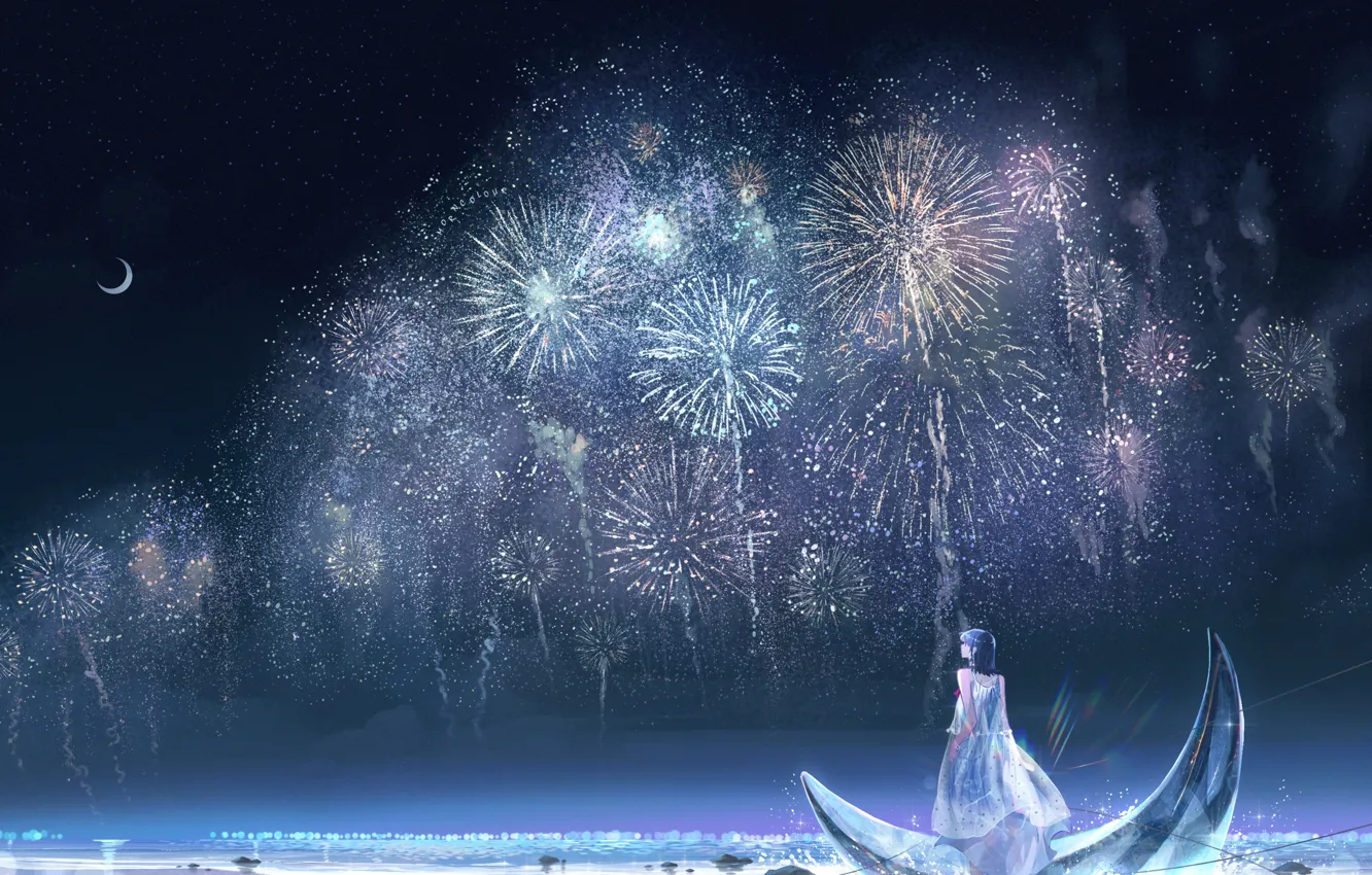Photo wallpaper the sky, water, girl, night, fantasy, fireworks, Crescent