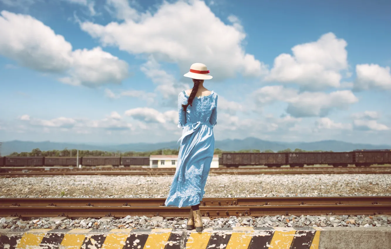Photo wallpaper girl, clouds, nature, back, train, railroad, hat, composition