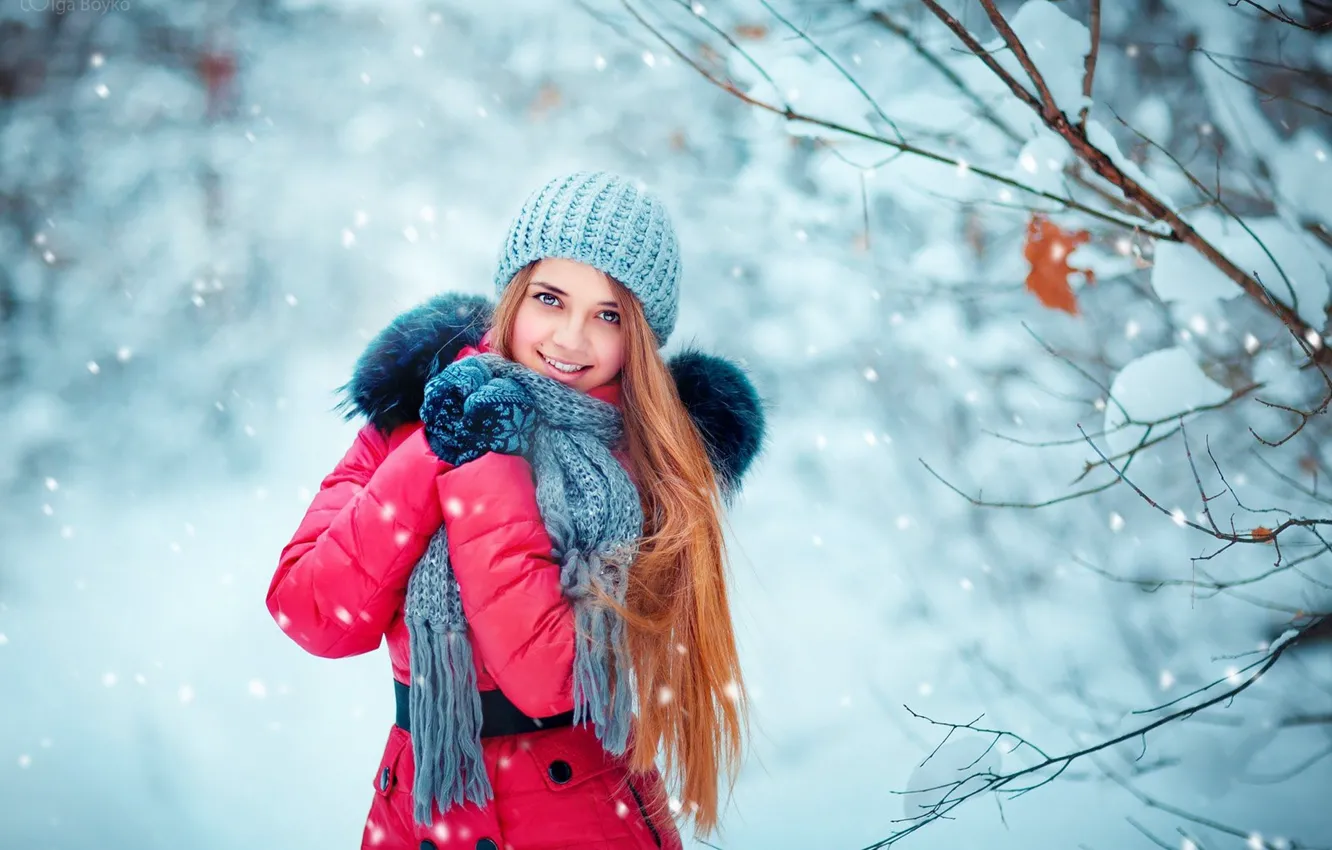 Photo wallpaper winter, forest, look, girl, snow, trees, branches, nature