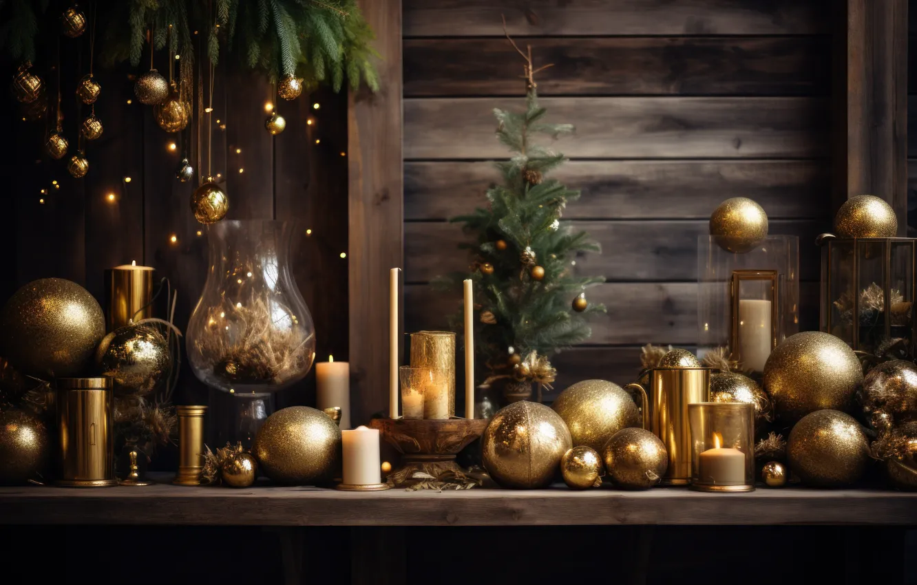 Photo wallpaper balls, gold, Board, new year, Christmas, gold, gold plated, Christmas decorations