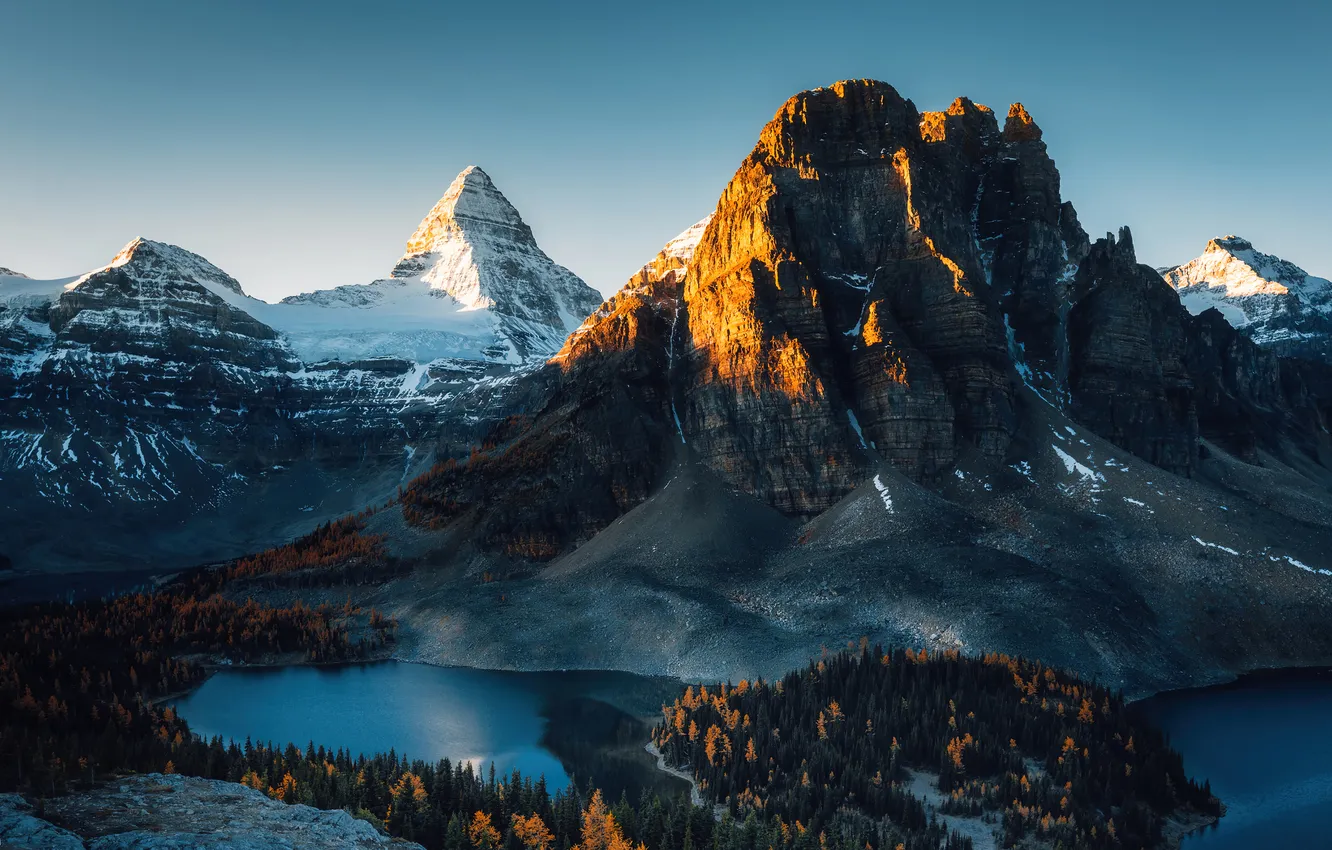 Photo wallpaper forest, snow, mountains, lake, blue sky