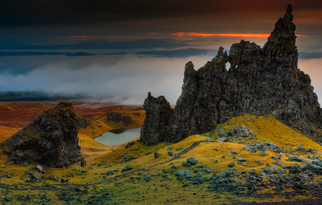 Photo wallpaper the sky, clouds, landscape, sunset, mountains, clouds, nature, fog