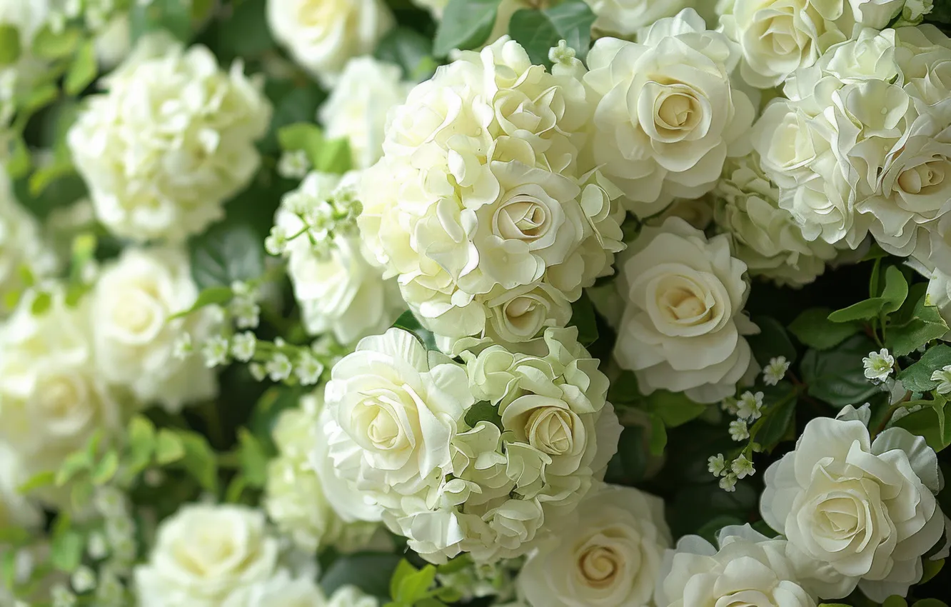 Photo wallpaper leaves, flowers, roses, bouquet, white, a lot, bokeh, hydrangea