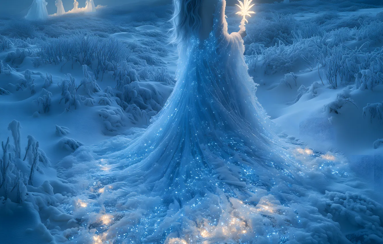 Photo wallpaper cold, winter, frost, field, girl, light, snow, night