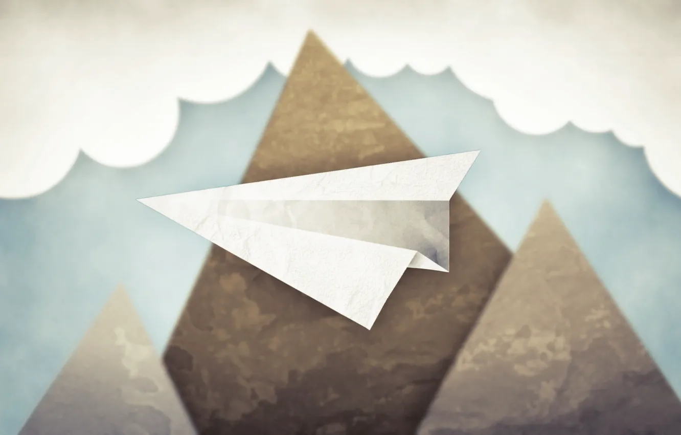 Photo wallpaper the sky, clouds, mountains, minimalism, paper plane